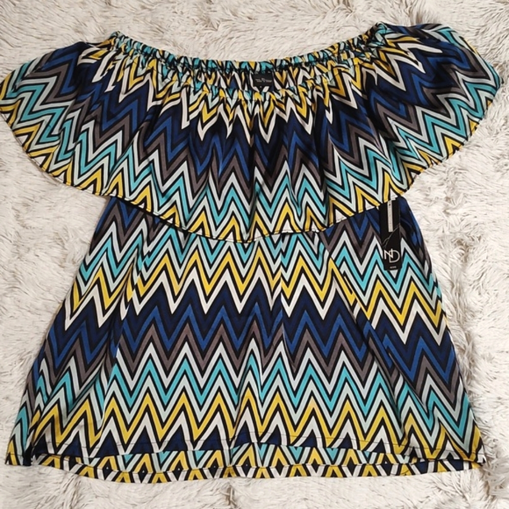 NWT New Directions Satin Off-Shoulder Top Blue Green Yellow Chevron Summery PL